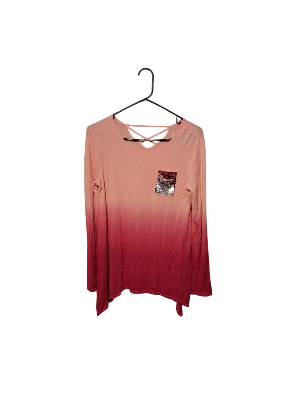 Justice Girls Pink Ombre Top Shirt Sequin Lace-Up Back Size 16 Long Sleeve